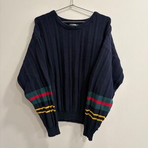 Vintage Jantzen Made in USA Navy Blue Ribbed Knit Sweater Striped Sleeves